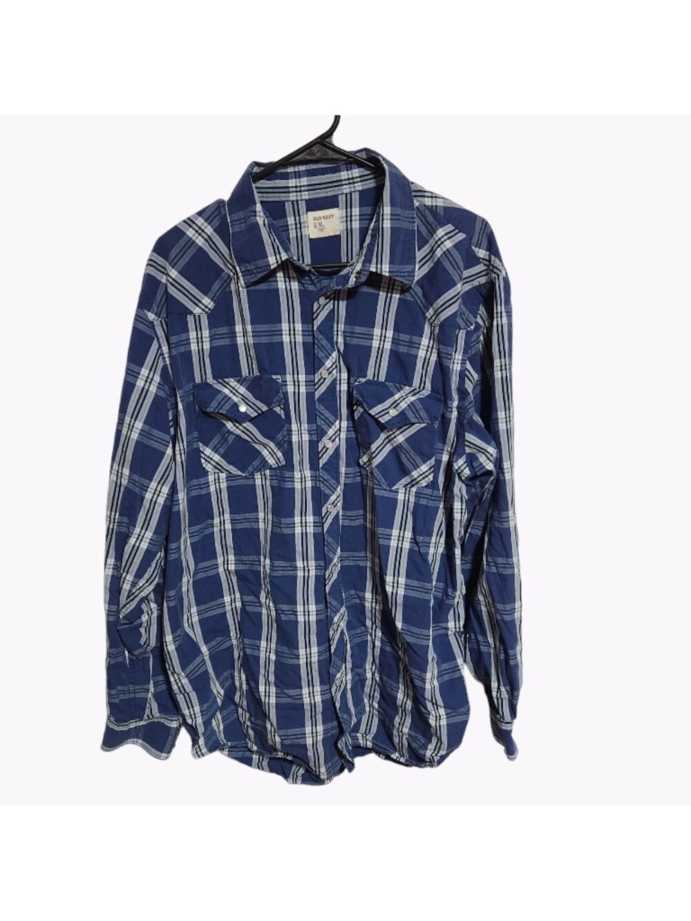 Old Navy Button Up Shirt Mens Size XL Blue Plaid Long Sleeve Top Casual Classic